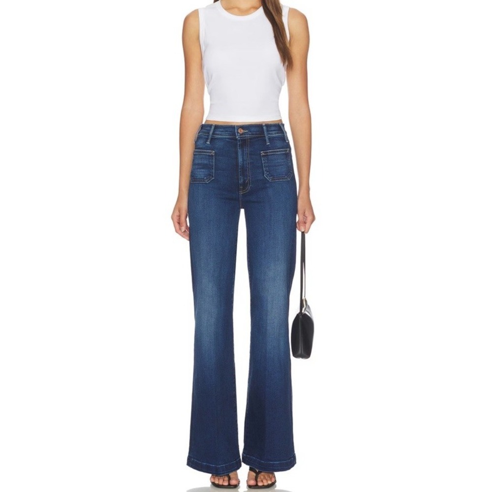 Mother The Hustler Roller Patch Pocket Sneak Jeans in Taking Chances Blue Sz 30